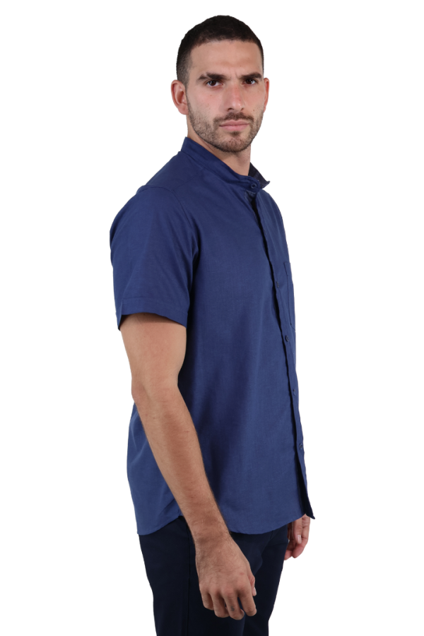 Camisa Look De Lino Manga Corta Azul Marino Cuello Mao Slim Fit Hombre
